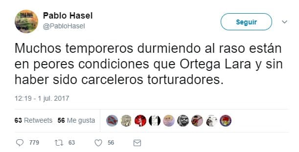 El tuit de Pablo Hasél denunciado por Dignidad y Justicia.