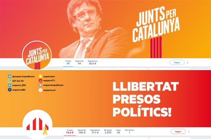 Los perfiles de Twitter de Junts per Catalunya y ERC