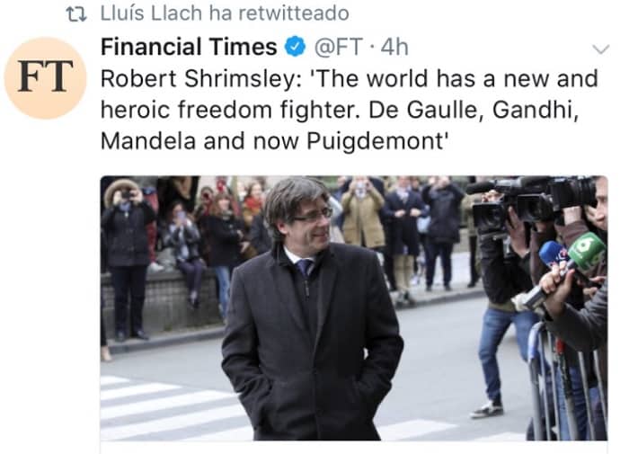 El titular de 'Financial Times' sobre Puigdemont