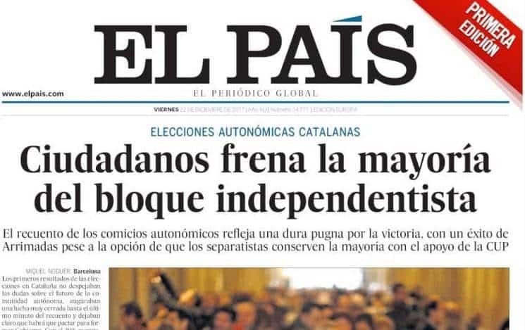 Portada de la primera edición de 'El País' de este viernes 22 de diciembre