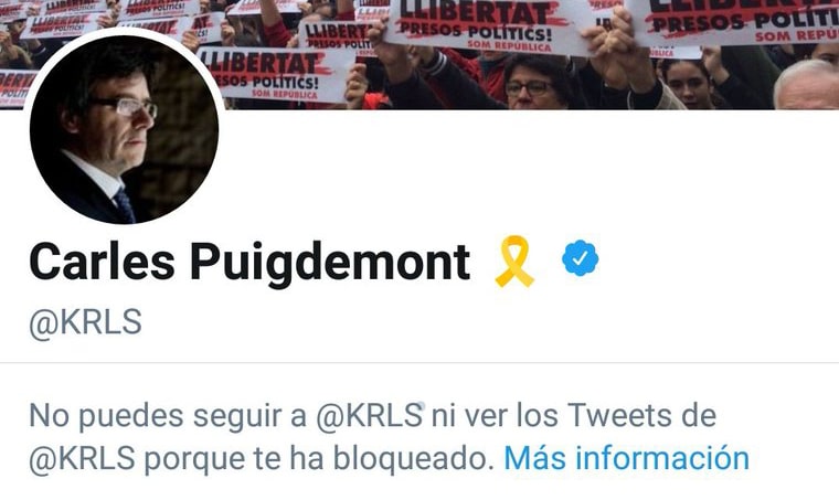 Imagen subida por Societat Civil Catalana que muestra el bloqueo de Puigdemont en Twitter