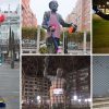 Diferentes estatuas de España con delantal y útiles de limpieza