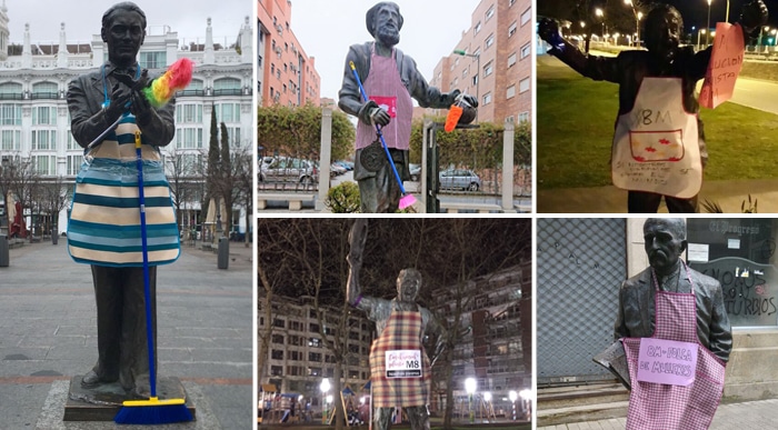 Diferentes estatuas de España con delantal y útiles de limpieza