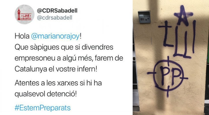 El tuit del CDR de Sabadell y las pintadas en la sede del PP