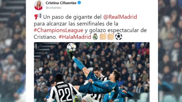 El tuit de Cristina Cifuentes tras la victoria del Real Madrid contra la Juventus
