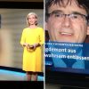 Dos presentadores de la televisión pública alemana con prendas amarillas informando sobre Puigdemont