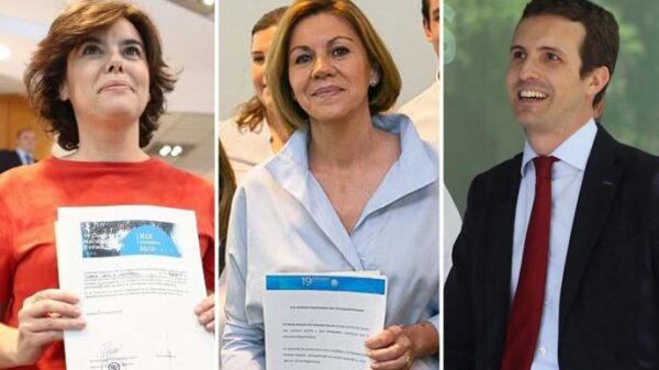 Soraya Sáenz de Santamaría, María Dolores de Cospedal y Pablo Casado este miércoles en Génova al presentar sus avales