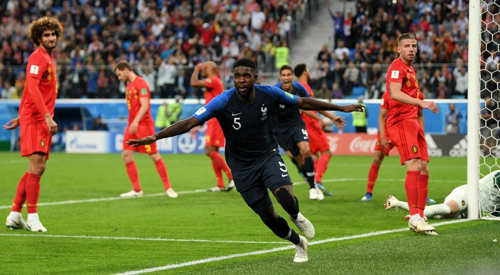 Samuel Umtiti celebrando su gol en el Francia-Bélgica de semifinales