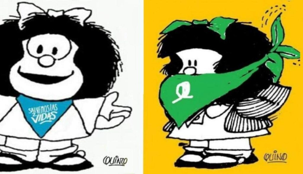 Dos de las imágenes que se atribuyen a Quino: una con el pañuelo celeste anti abortista y otro con el verde de los que están a favor
