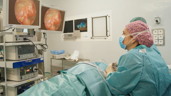 La doctora Mar Lasso de la Vega realizando una timpanoplastia con endoscopia
