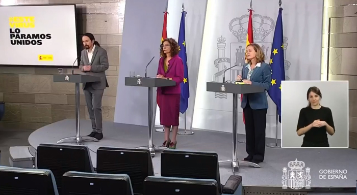 Pablo Iglesias, María Jesús Montero y Nadia Calviño en rueda de prensa