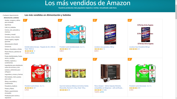 Captura de los productos más vendidos en Amazon en alimentación